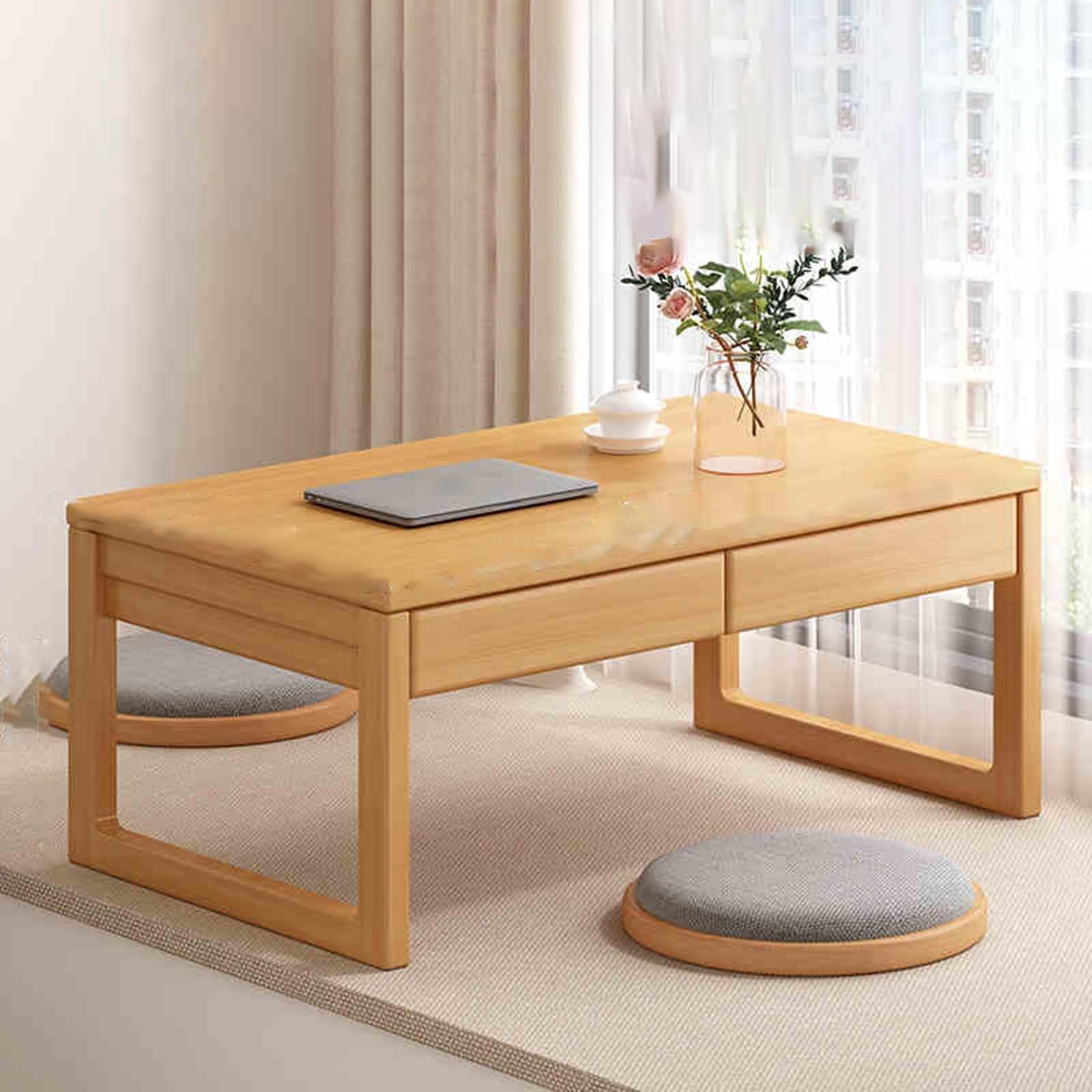 Table basse tatami pour s'asseoir par terre et partager un thé au jardin