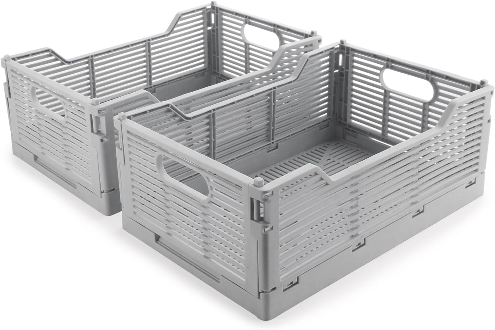 2-Pack Plastic Collapsible Crates, Foldable Storage Boxes Stackable Storage Baskets, Space-Saving Folding Crate for Home Classroom Office Kitchen Bedroom (30.5x20.5x12.5cm, Grey)