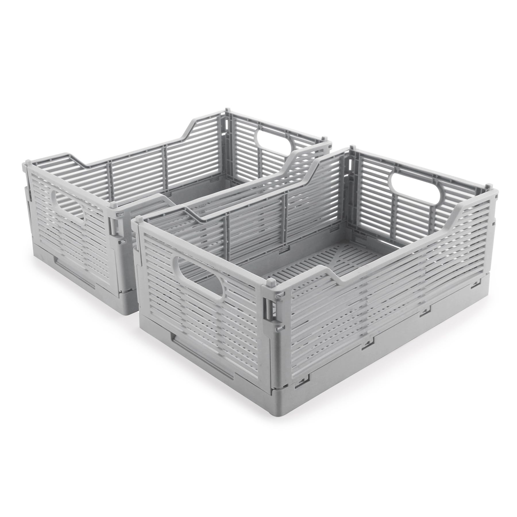 2-Pack Plastic Collapsible Crates, Foldable Storage Boxes Stackable Storage Baskets, Space-Saving Folding Crate for Home Classroom Office Kitchen Bedroom (30.5x20.5x12.5cm, Grey)