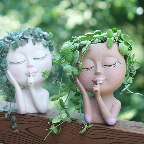 Miniatura 6 de SnugMaker Macetas para suculentas, maceta con cabeza de flor para plantas de interior y exterior con orificio de drenaje con ojos cerrados (marrón)