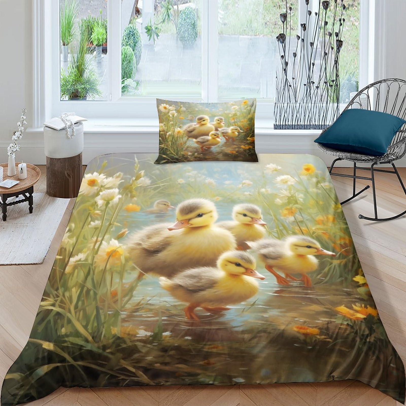 GEEYOU A Flock of Ducks Duvet Cover, Polycotton Quilt Cover With PillowCases Sleeping Aid Little Duck Comforter Set with Hidden Zipper Microfiber Kids Adults Boys Girls Single（135x200cm）