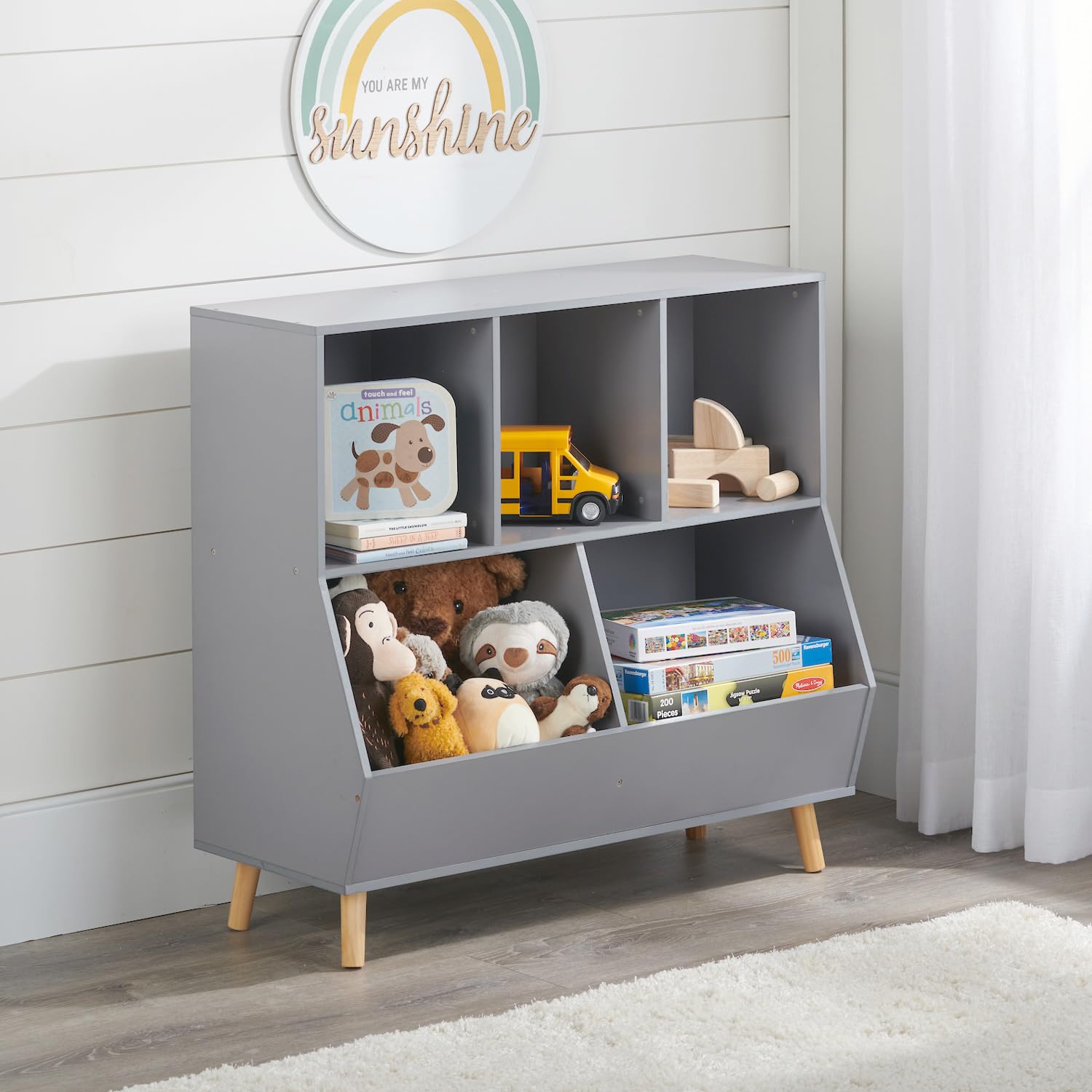 Badger Basket 5-Bin Storage Cubby with Feet - Wooden Organizer for Toys, Books, and Display, with Top Shelf, Cubbies, and Open Bins - Kids’ Room or Playroom Storage Solution - Gray