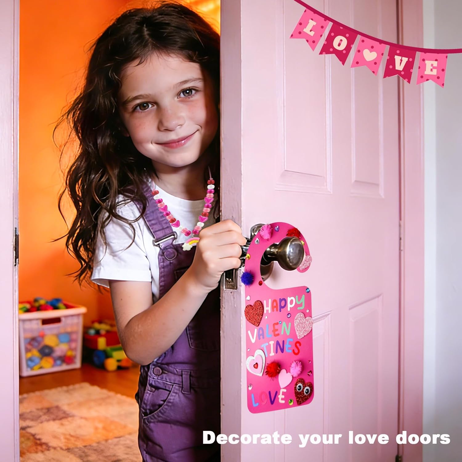 HejVulkan Valentines Day Craft Bundle — 24 Set Valentines Day Doorknob Hanger Craft Kit & 24 Set Valentines Day Beads Necklace Making Kit