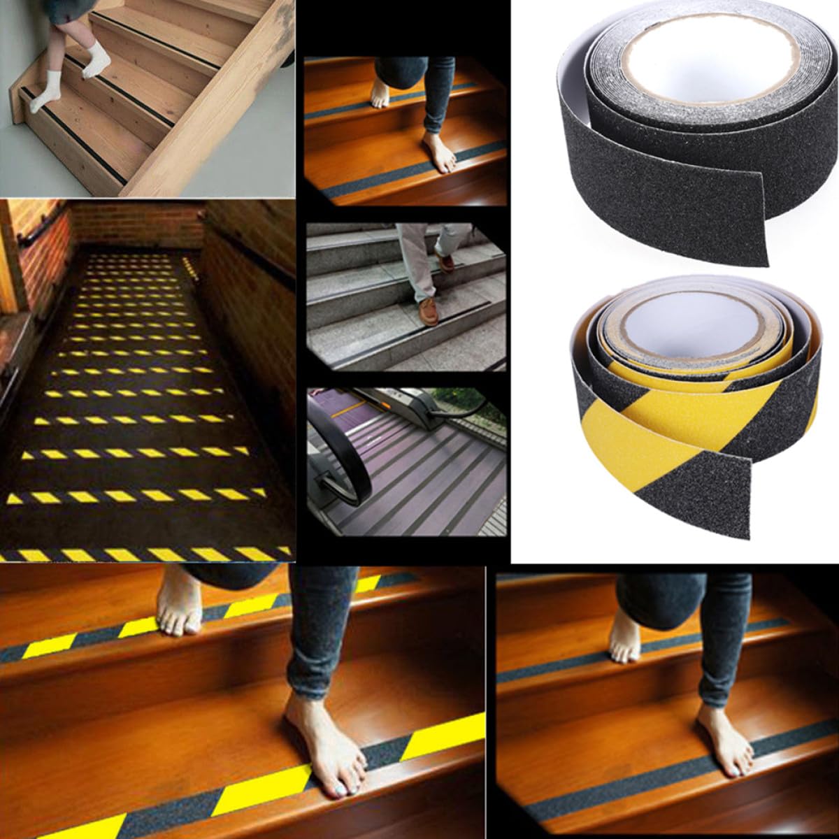 KOMBIUDA 2 Nastro Antiscivolo Sicurezza Nero Giallo Adesivo per Gradini e Aree Rischio Resistente e Ben Segnalato per Uso ed Esterno