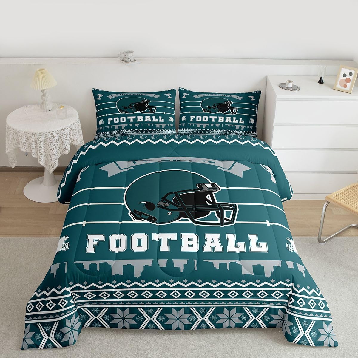 Erosebridal Football City Full Size Comforter Sets for Kids Boys Girls,Rugby Sports Lover Bedding Set,Football Helmet Duvet Insert,Green White Quilt Bedroom Decor