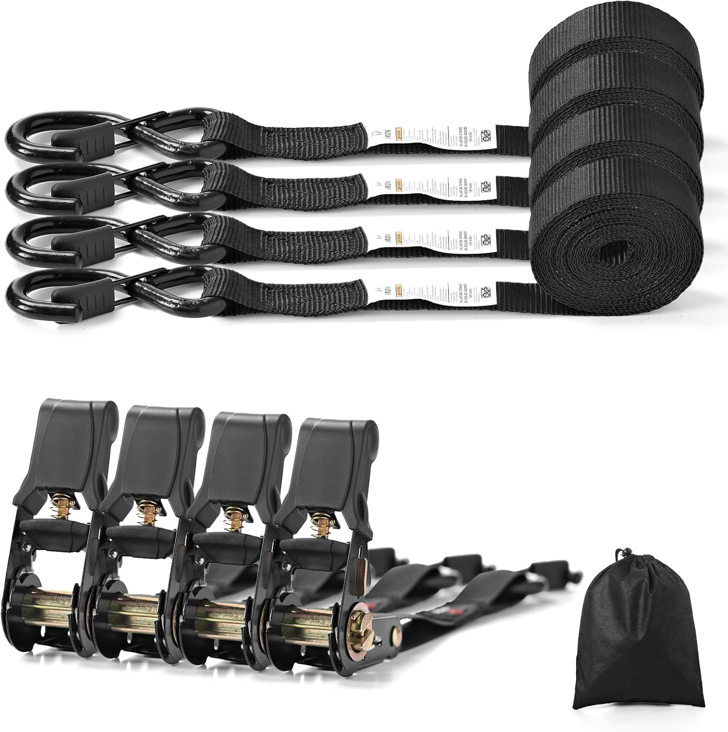 Ratchet Straps (4 PK) 15 Feet (1,823lb Break Strength) Heavy Duty Tie Down Strap with S Hook Black for Packing Motorcycle Truck Cargo