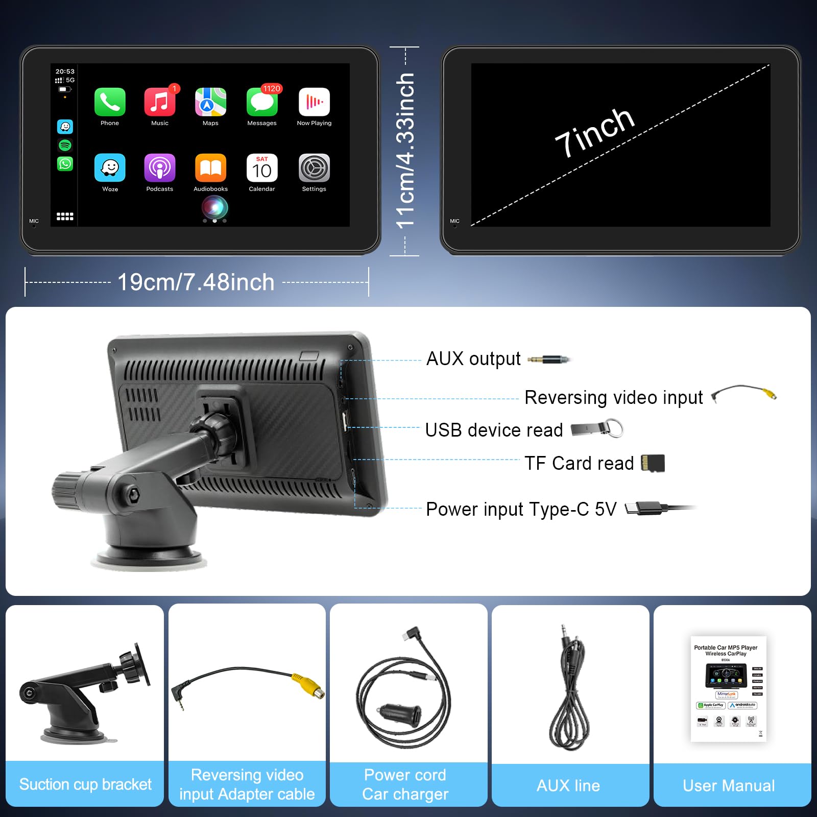 CarPlay sans Fil et pour A-pple Carplay & Android Auto, Écran Tactile IPS de 7'' ecran Voiture, Voiture Autoradio,Autoradio Portable avec Mirror Link/Bluetooth/GPS Navigation/Commande Vocale/AUX/FM