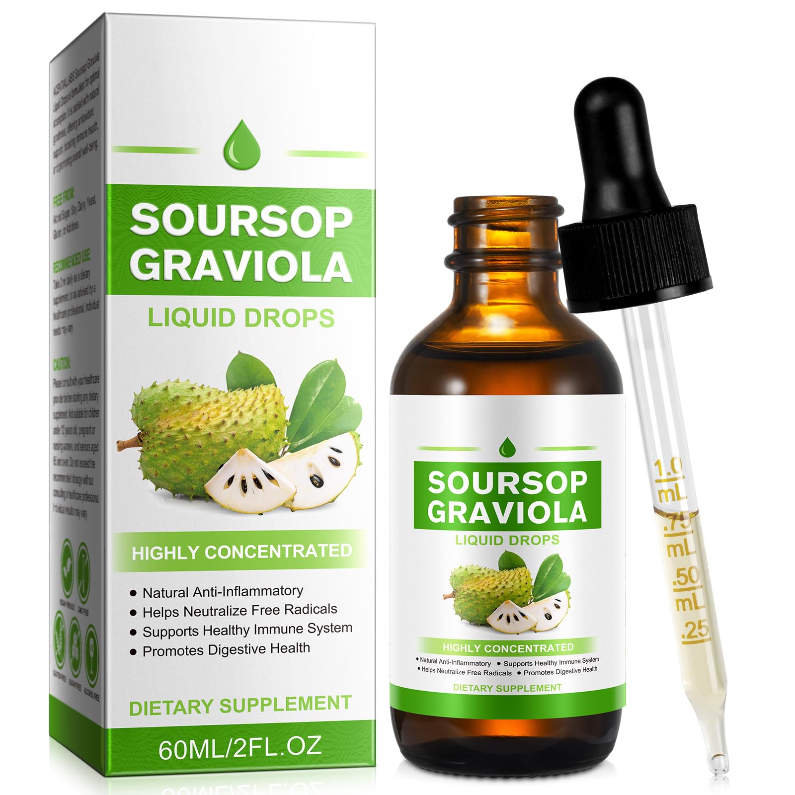 QJCWXIAOX Soursop Graviola Liquid Drop, Nature Soursop Extract Liquid for Cell Support & Regeneration, Immunity, Liver & Antioxidant, Easy to Absorption, 2 Fl Oz