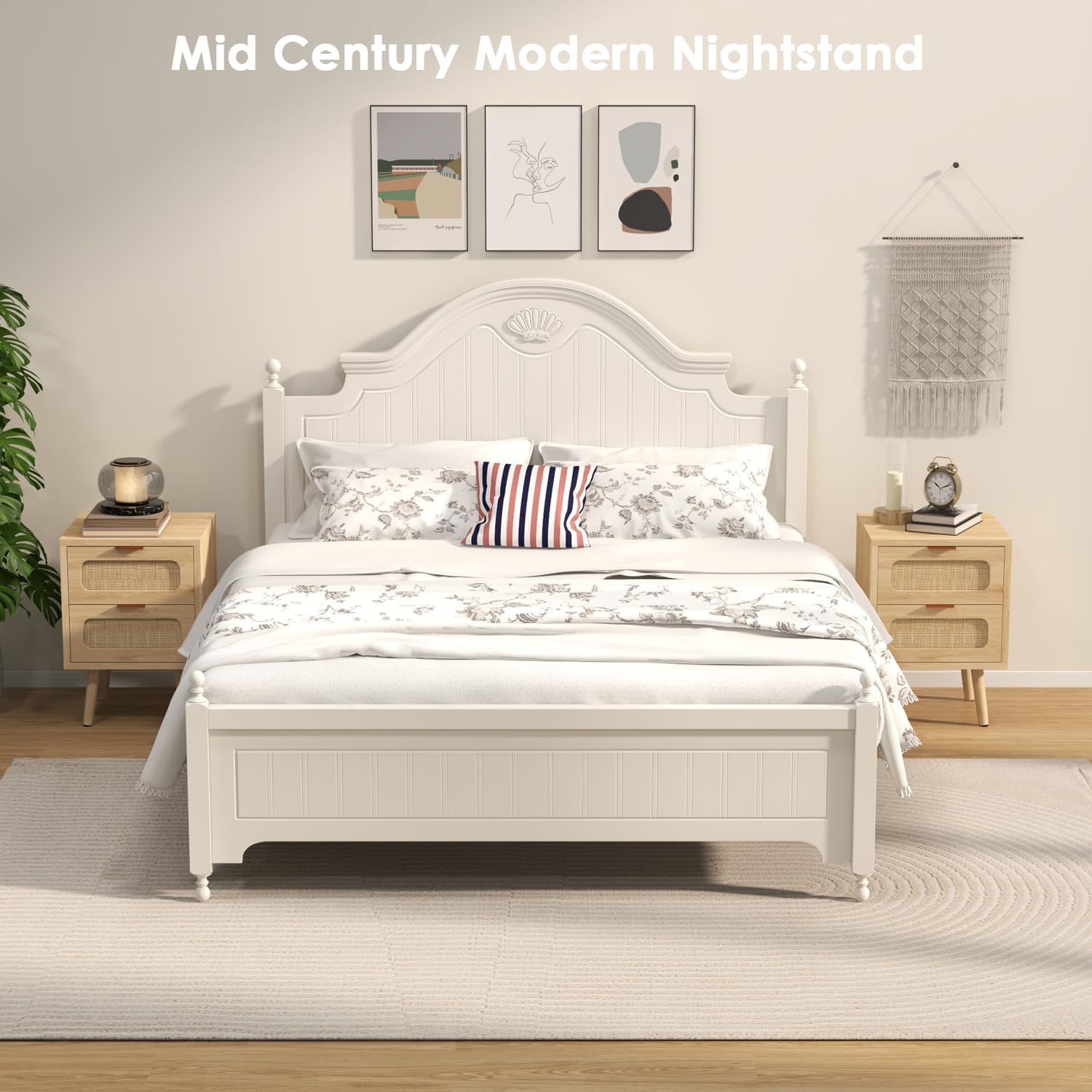 Rattan Nightstand Set of 2, Small Night Stand Bedside Table, Mid Century Modern Nightstand with 2 Drawer, Boho Natural Wood Side Table for Bedroom, Small Space, Light Oak