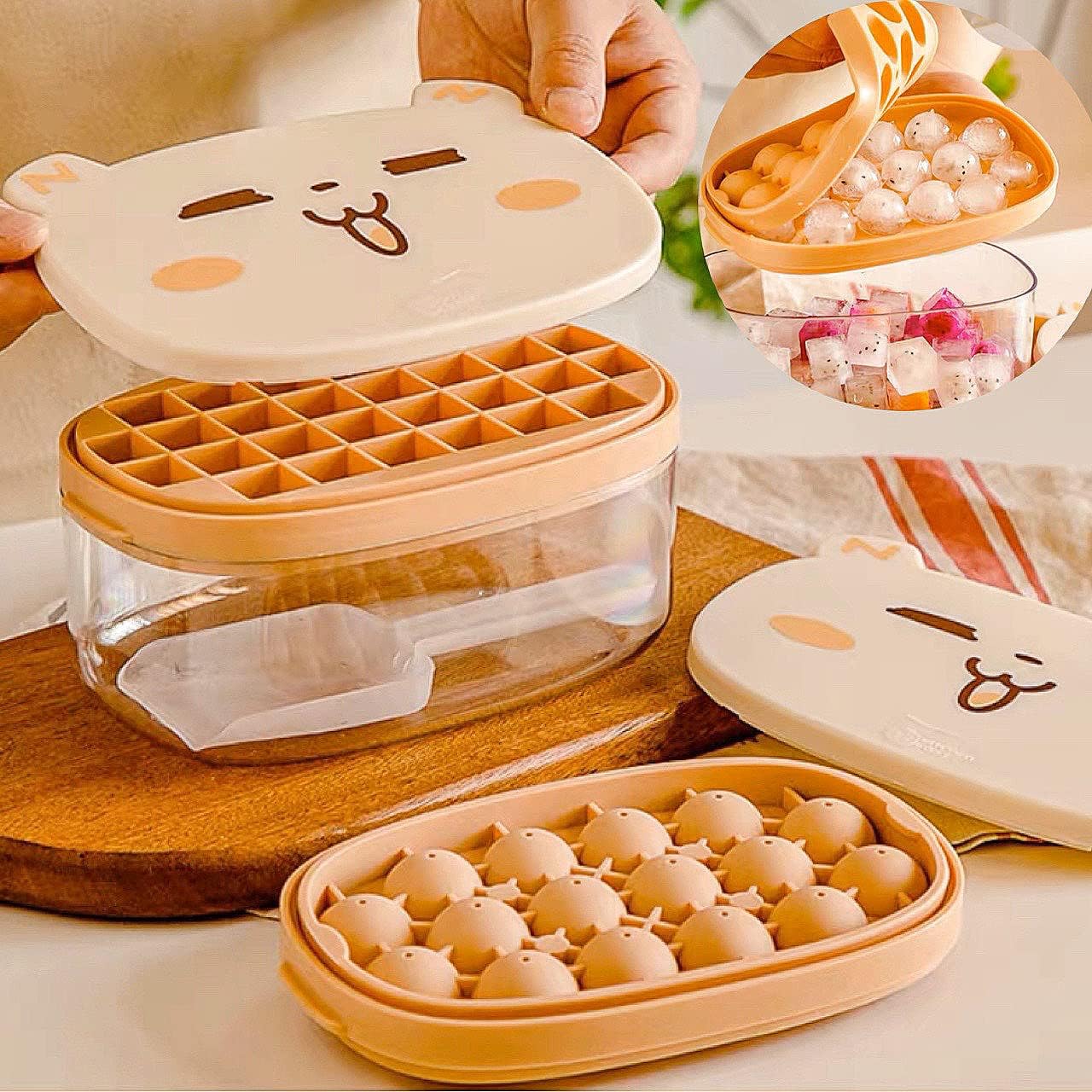 Happy Cute Bear Silicone Popsicle Ice Cube Maker with Container Scoop Round Ice Ball Mold DIY Frozen Ice Pop Molds Kitchen Accessories Easy Release Reusable BPA Free for Summer Homemade