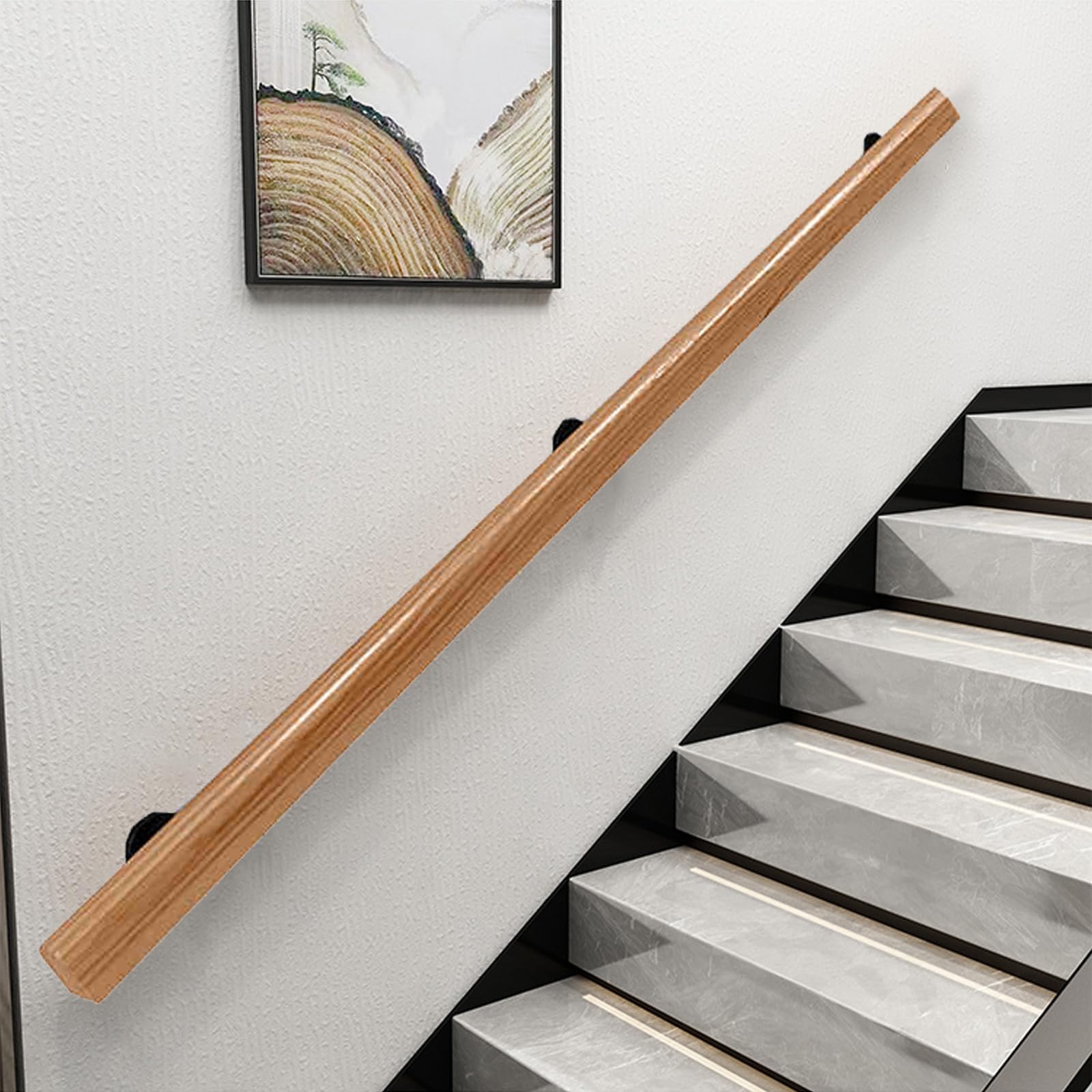 Wooden Handrails for Stairs, Non Slip Stair Railings with Bracket, Wood Banister Staircase Hand, Wall Mounted Decoration Stair Handrail, Corridor Support Rod with Grab Bar Kit (Wood Color, 200cm)