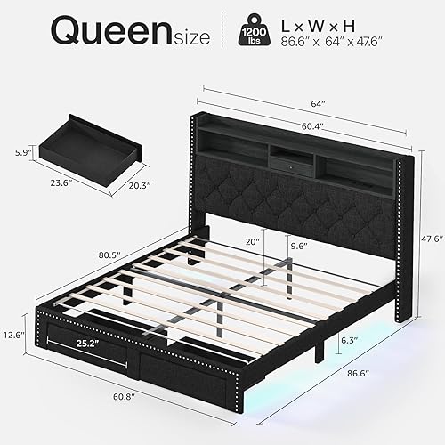 Miniatura 2 de Base de cama tamaño Queen, cabecera de almacenamiento de lino con luz LED y estación de carga, cama de plataforma tapizada con 2 cajones de Negro