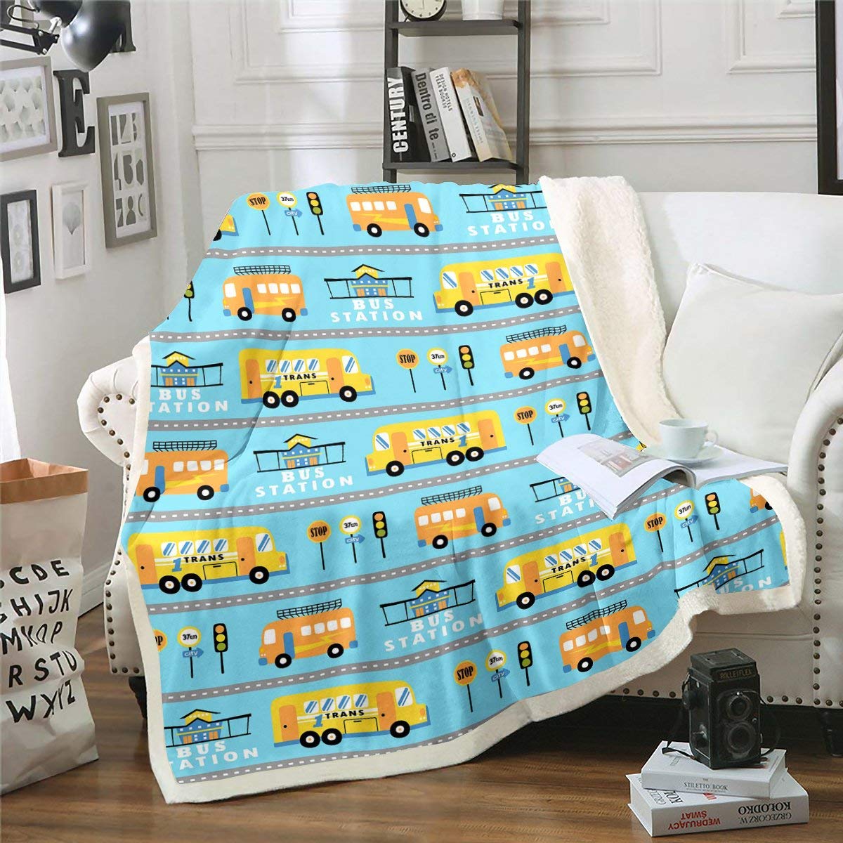 Cartoon Cars Bus Station Sherpa Blanket Cute Vehicles Fleece Throw Blanket For Kids Boys Girls Teens Colorful Automobile for Sofa Bed, Ultra SoftKing 87x94 Inch