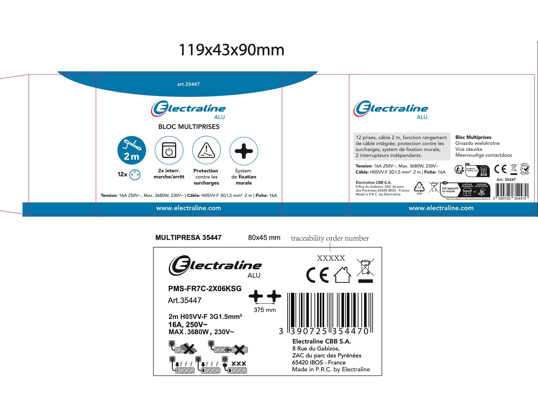 Electraline 35447 ALU-Line - Regleta de enchufes (12 enchufes con Cuerpo de Aluminio, Cables H05VV-F 3G1,5 mm, 2 interruptores (1 x 6 enchufes), con protección contra sobrecargas