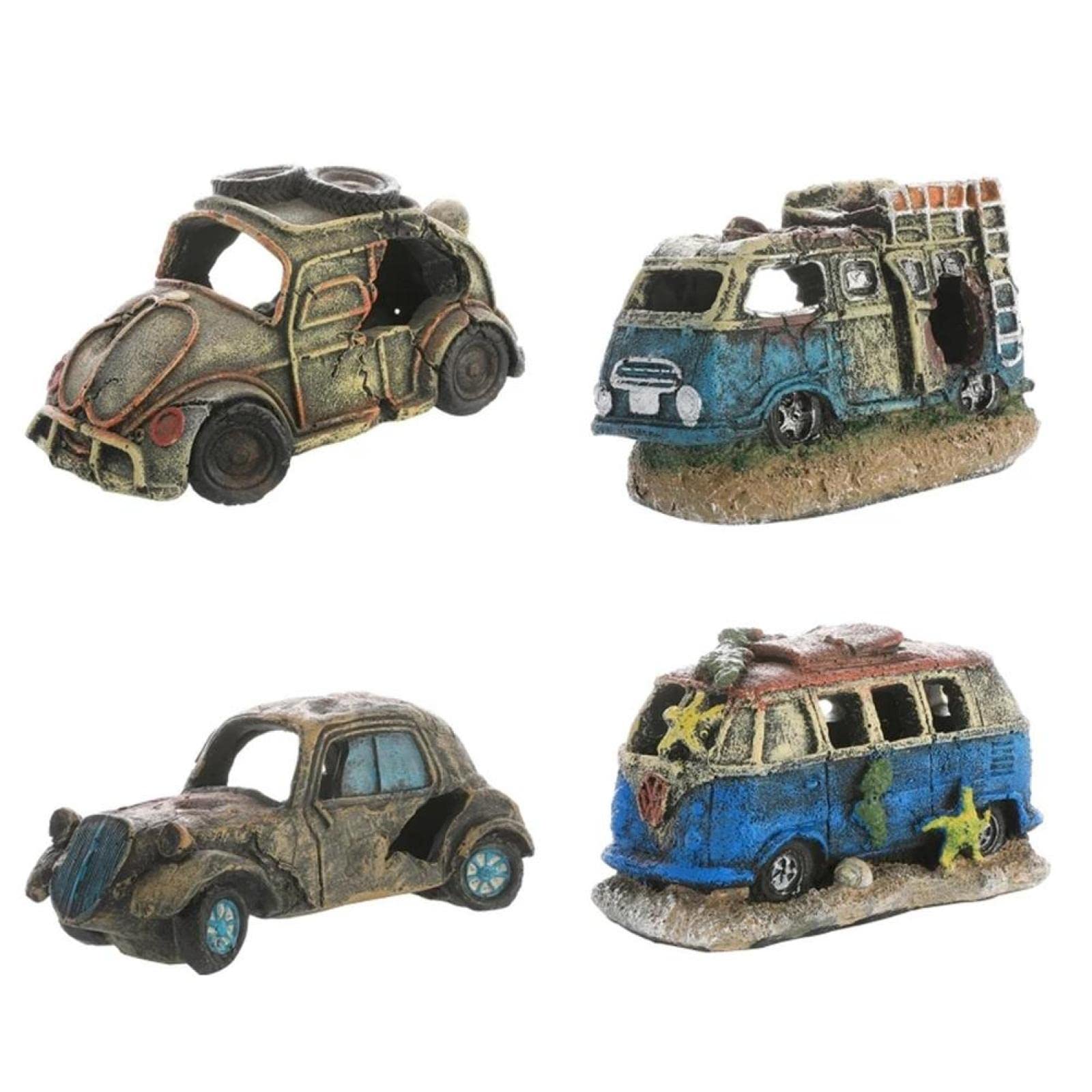 Aquariumdekoration, Harz-Wrack-Auto-Ornament, Fisch-Garnelen-Versteck, Höhle, Unterschlupf, kaputtes Fahrzeug, Haus, Aquarium, Landschaftsbau, 1 Stück, 03