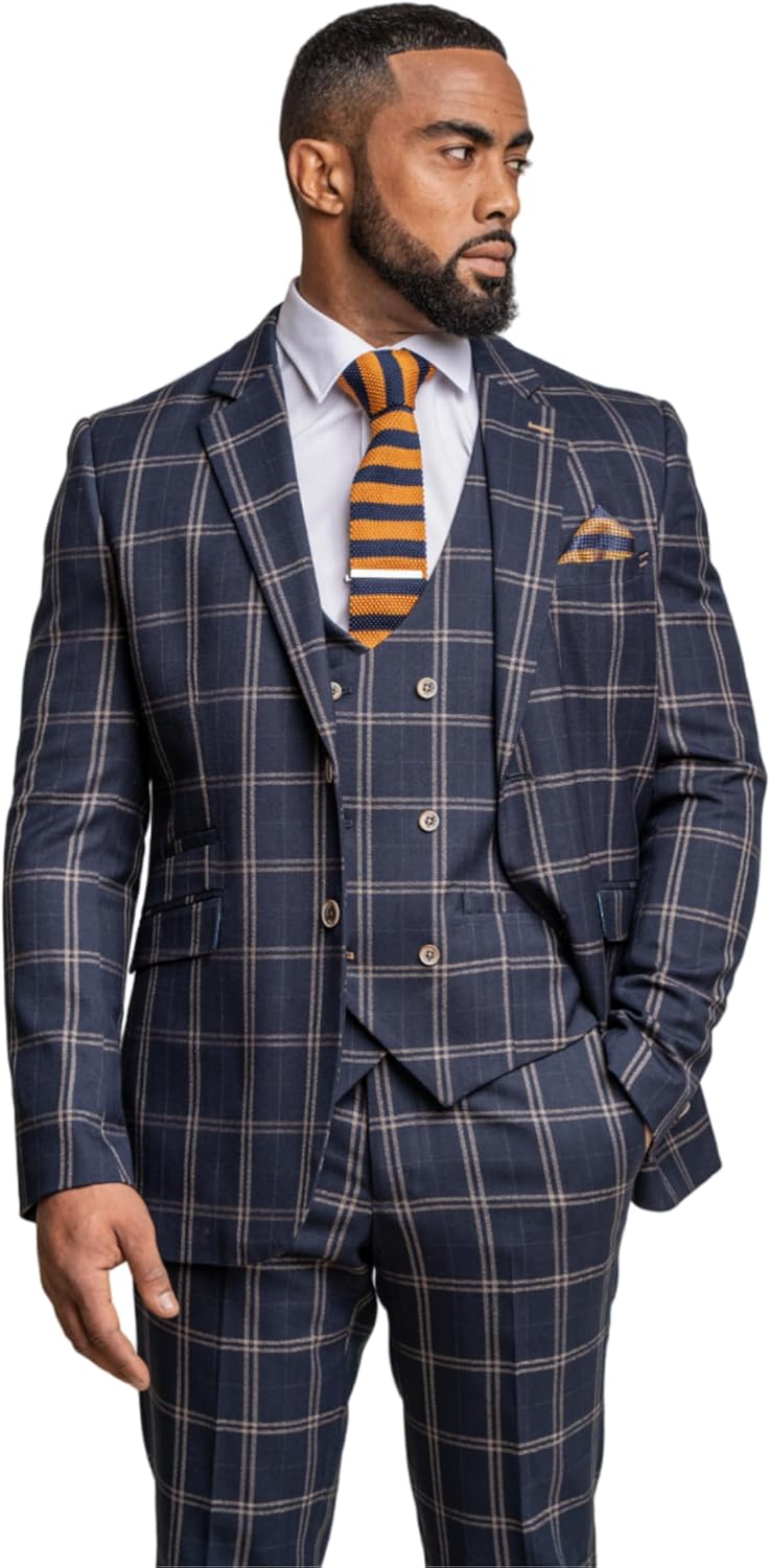Men's Navy Blue Check Slim Fit Vintage 3-Piece Suit – Classic Elegance, Pieces Sold Separately