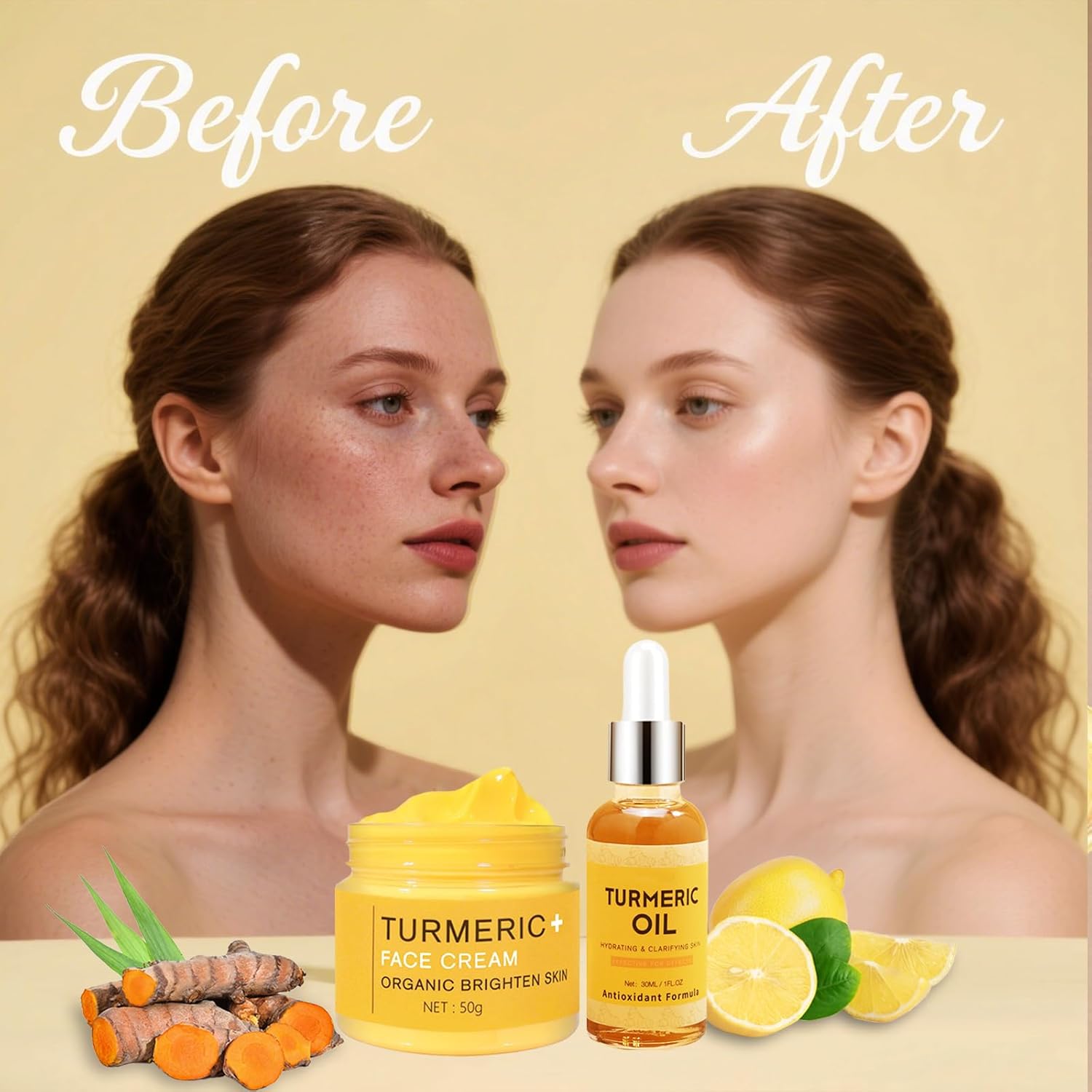 Turmeric Face Cream & Turmeric Essential Oil, Turmeric Brightening Lotion for Cleanses Skin, Evens Tone, Facial Repair Serum Tightening & Lift Skin for Women -2 PCS - Image 4