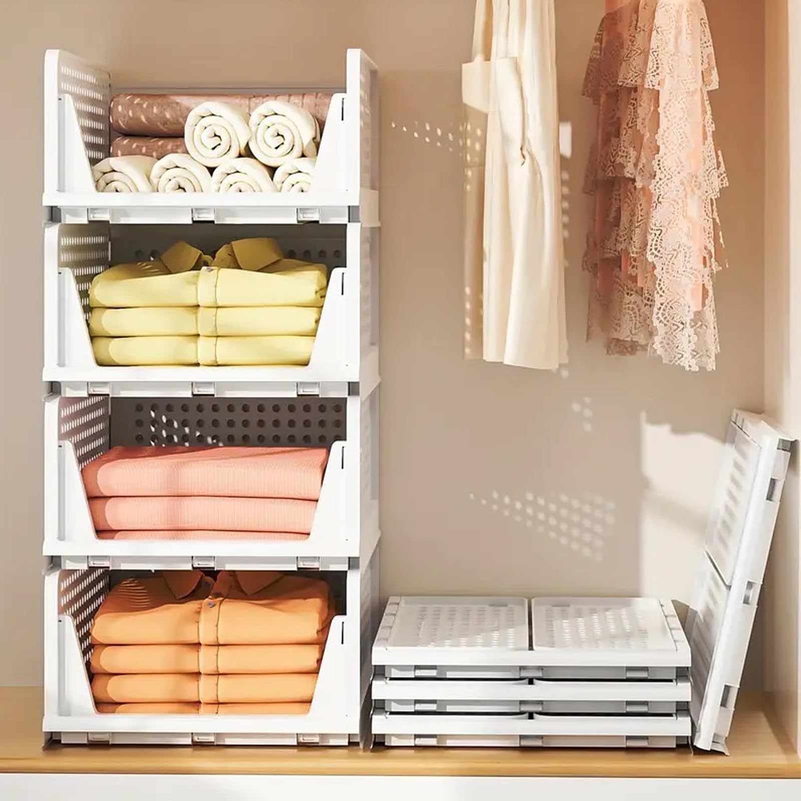 4 x organizer impilabile per cassetto, abbigliamento impilabile, cassetto scorrevole, portaoggetti per armadio, cucina, bagno, camera da letto (bianco, set di 4, 33,5 x 43 x 72 cm)