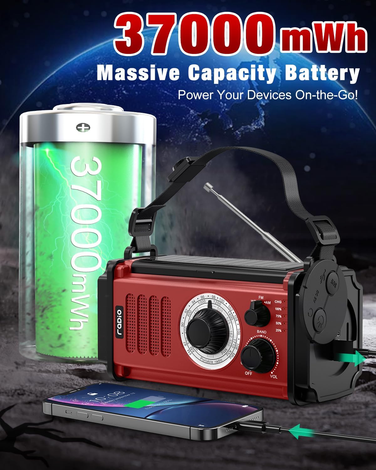 10000wAh/37000mWh Emergency Hand Crank Radio, Solar AM FM NOAA Weather Radio, 5 Charging Methods, Torch & LED Reading Light, SOS Alarm for Winter Storm Emergency, Red