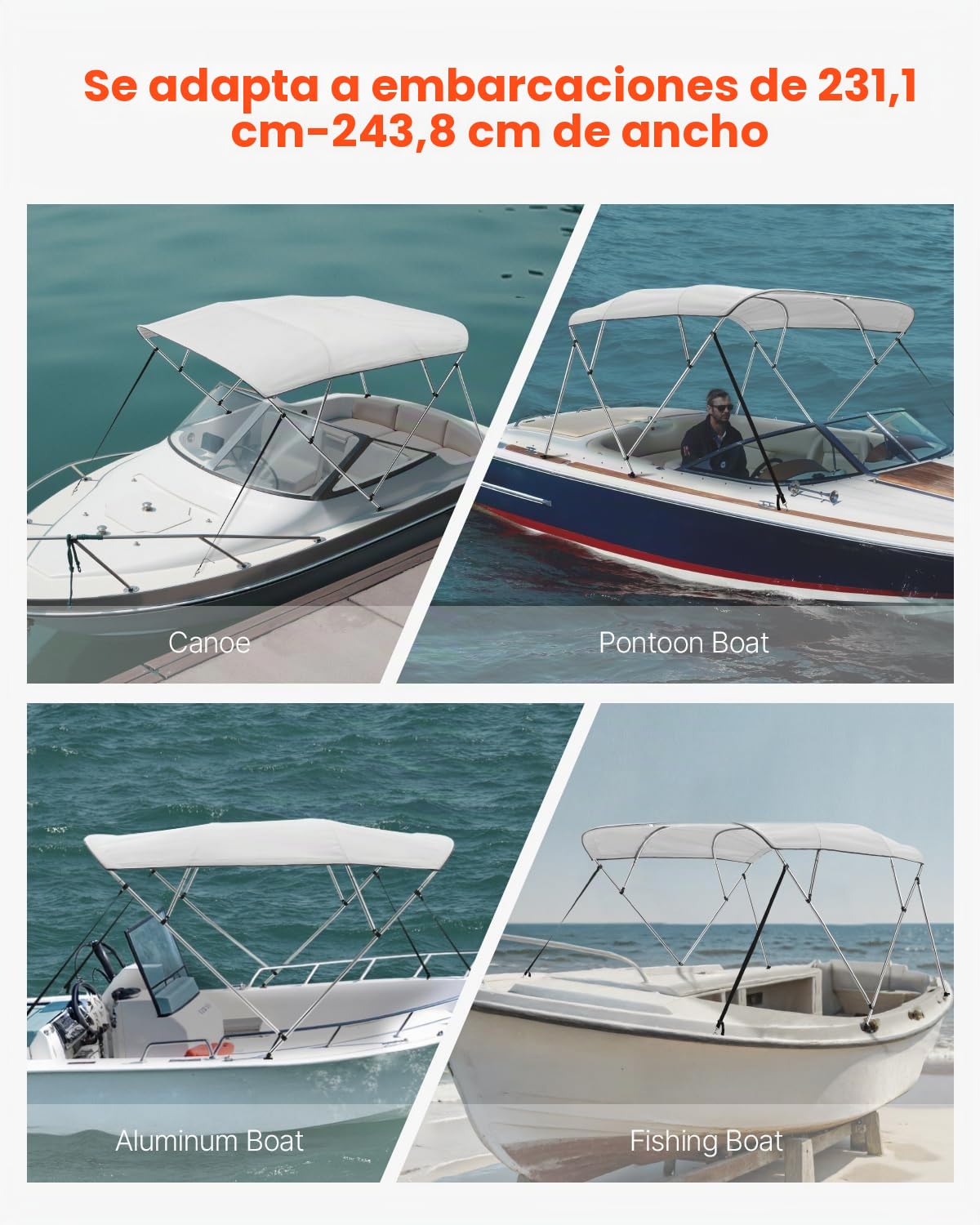 VEVOR Toldo Bimini para Barco 4 Arcos, de Poliéster 600D, Aleación de Aluminio, Impermeable y Parasol, Bolsa de Almacenamiento, 2 Postes de Soporte, 4 Correas, 240 x 229,5 x 137 cm, Gris Claro