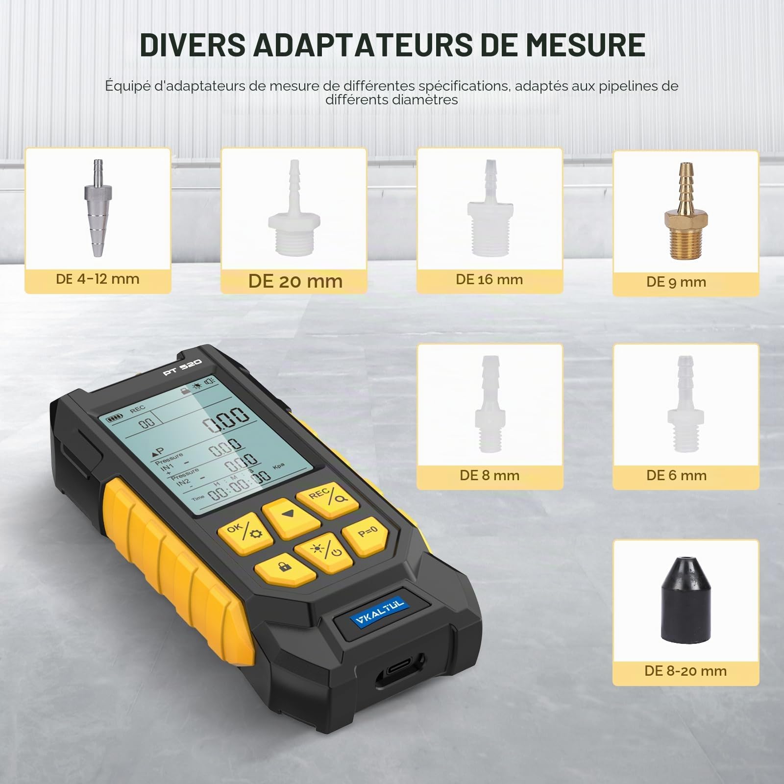 Manomètre numérique PT520,Manomètre à eau,Manomètre à air comprimé à haute précision, 10 valeurs de mesure, 29 mémoires de données, plusieurs adaptateurs de mesure, -1000~2000mbar, -100~200Kpa