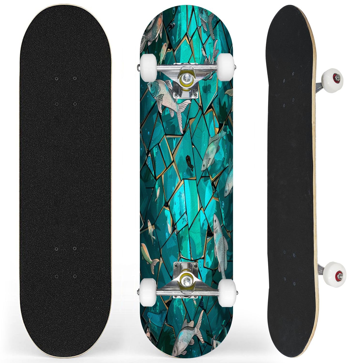 Complete Skateboard with Stained Glass Sea Fish Schooling Poster Beginner Skateboard 7-Layer Maple Wood Double Kick Concave Skateboards for Kids, Adults, Teens 31