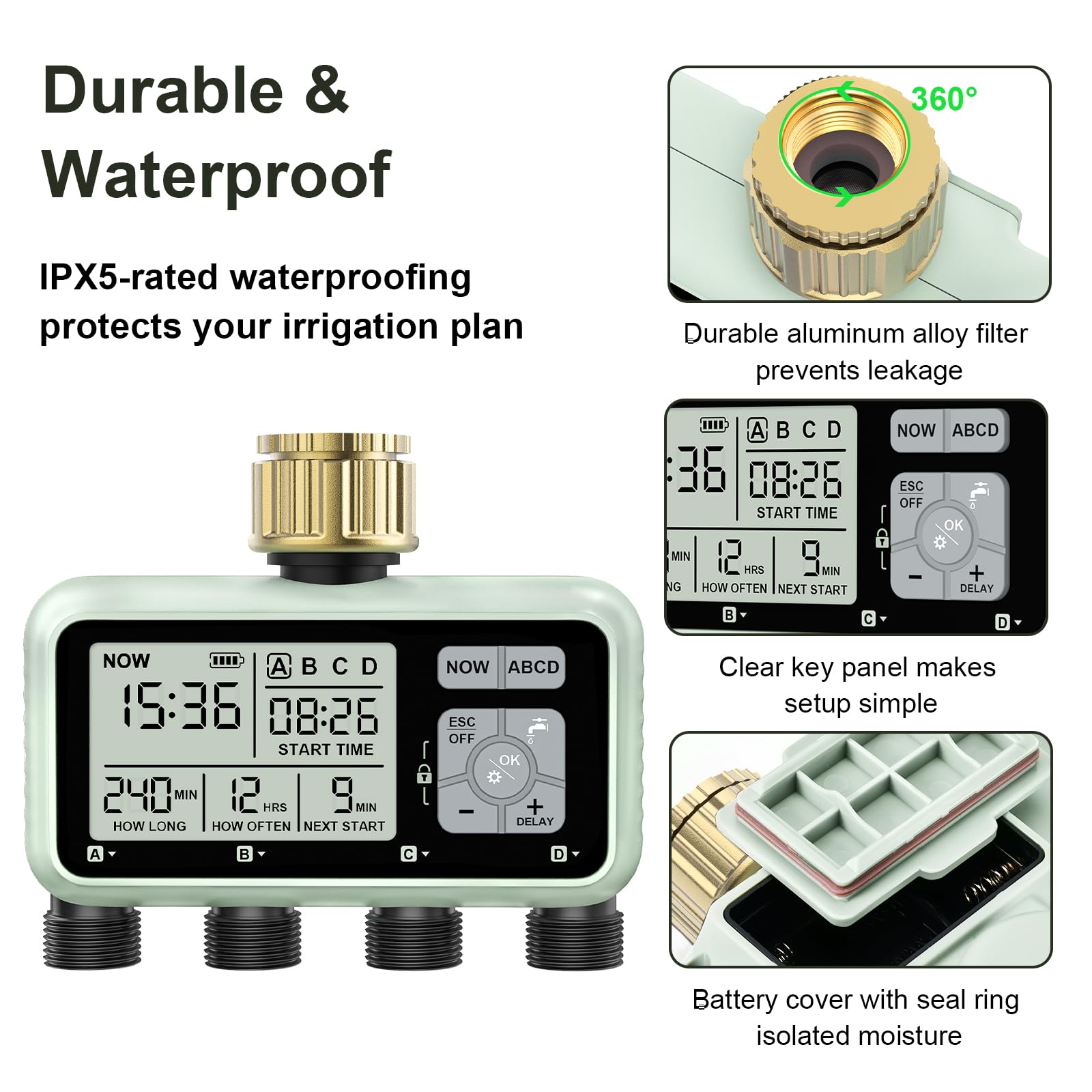 Temporizador de Riego de 4 Zonas con Entrada de Latón, Temporizador de Aspersor, Temporizadores Programables para Grifo de Manguera de Jardín Exterior con Retardo de Lluvia/Manual/Automático Sistema