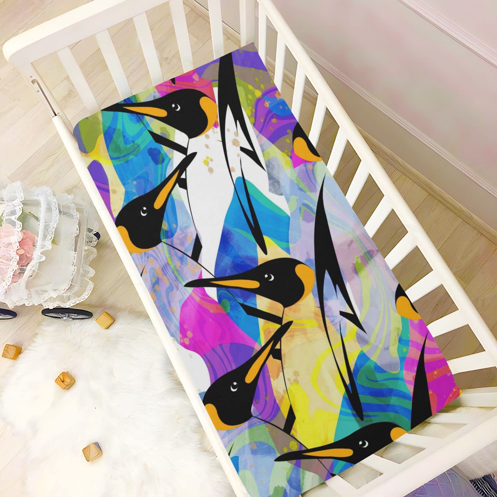 Spannbettlaken für Kinderbett, buntes Pinguin-Muster, weich, atmungsaktiv, pflegeleicht, Spannbetttuch für Babybett und Kinderbetten