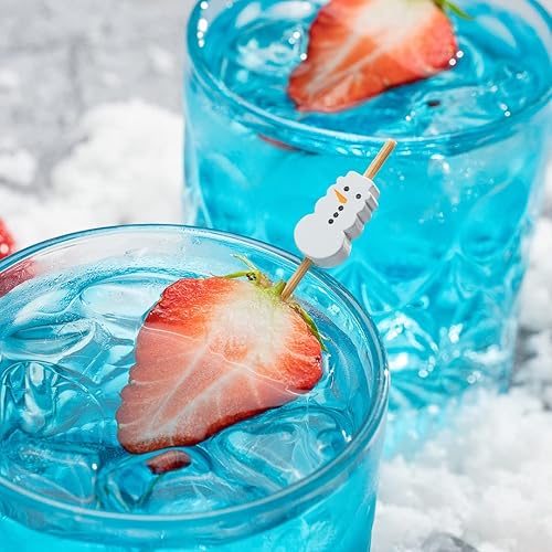 Miniatura 5 de Brochetas de Navidad de 3.5 pulgadas, 100 púas desechables de Navidad  Diseño de muñeco de nieve, palillos de dientes de bambú blanco, resistentes,