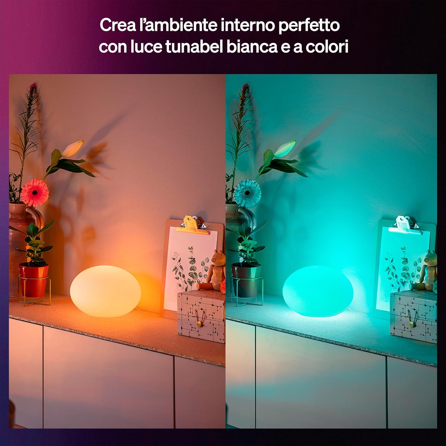 Philips Hue Flourish lampada da tavolo, Lampada da comodino 1.100 lm con lampadina A60 inclusa, Illuminazione camera da letto con luce bianca e colorata dimmerabile, Compatibile con Matter e Zigbee