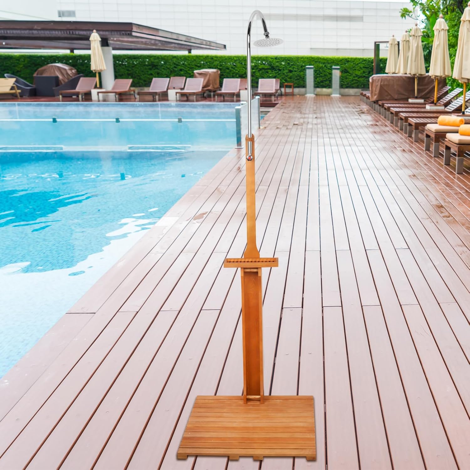 Portable Outdoor Shower Kit with Wooden Base – Backyard, Poolside & Patio Freestanding Shower for Garden or Pool Use