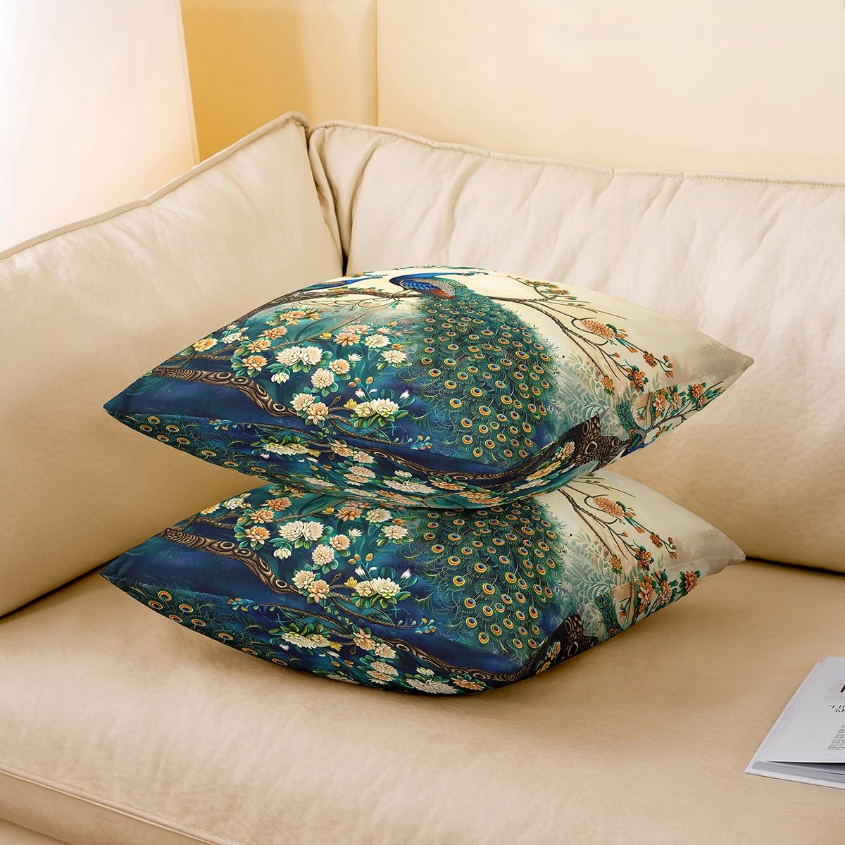 Homemissing Peacock Pillow Covers Peacock Feather Printed Square Cushion Covers Set of 2 Cute Animal Throw Pillow Covers Colorful Cushion Covers for for Couch Sofa 40x40cm - Image 4