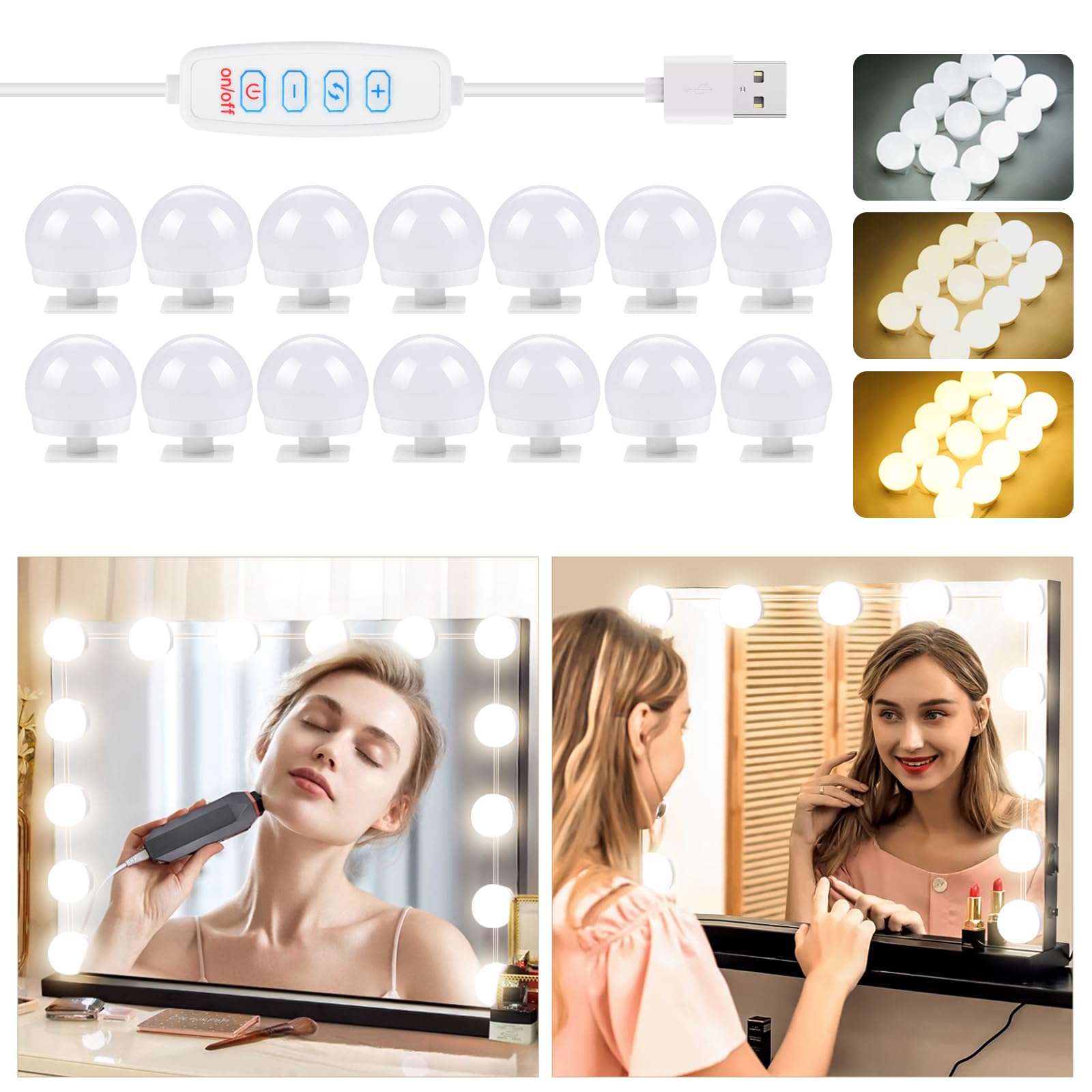 OSDUE 14 LED Spiegelleuchte, Hollywood Schminklicht für Spiegel, 3 Farbe Dimmbar Schminklicht, Schminktisch Leuchte, Make Up Licht, Schminkleuchte, Spiegellampe für Kosmetikspiegel, Badzimmer Spiegel