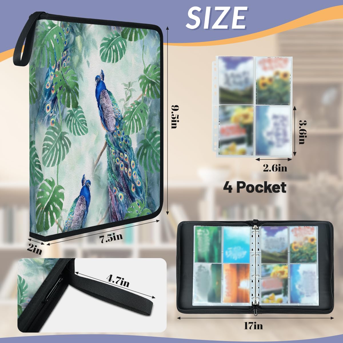 Carpeta para tarjetas coleccionables con 4 bolsillos, diseño de pavo real, hojas tropicales, con fundas extraíbles, impermeable, con cremallera, capacidad para 50 páginas y 400 tarjetas