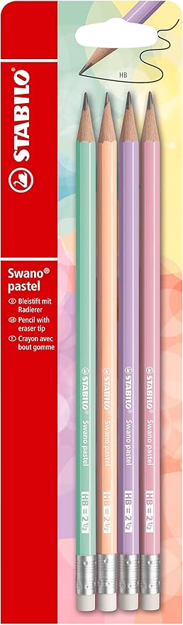 STABILO – Bleistift mit Radierer – Swano Pastel – 4er Pack – mit 4 verschiedenen Farben – Härtegrad HB