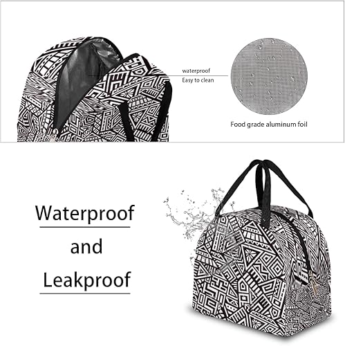 Miniatura 4 de Bolsa de almuerzo triangular geométrica para mujeres y hombres, lonchera aislada en blanco y negro, pequeña a prueba de fugas, linda lonchera