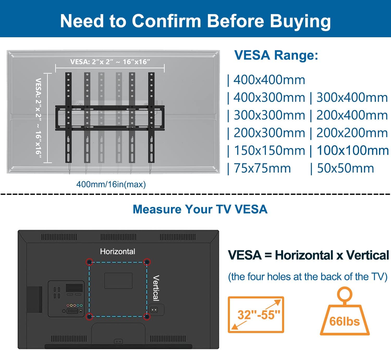 JUSTSTONE TV Wall Mount for Most 32-60 Inches TVs, Low Profile Tilt TV Mount Bracket Fits LED LCD OLED Flat Curved Screen TVs, Loading up to 66 lbs & Max VESA 400x400mm Fits 16", 18", 24" Studs : Electronics