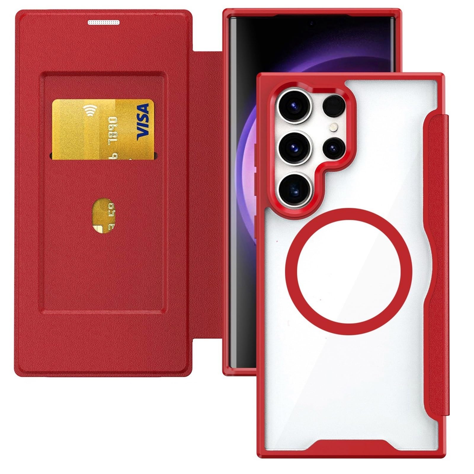 Magnetyczne etui do Samsung Galaxy S25 Ultra/S25 Plus/S25, skórzane etui z klapką z przezroczystą tylną stroną i ochroną aparatu, z przegródkami na karty (czerwone, S25 Ultra)