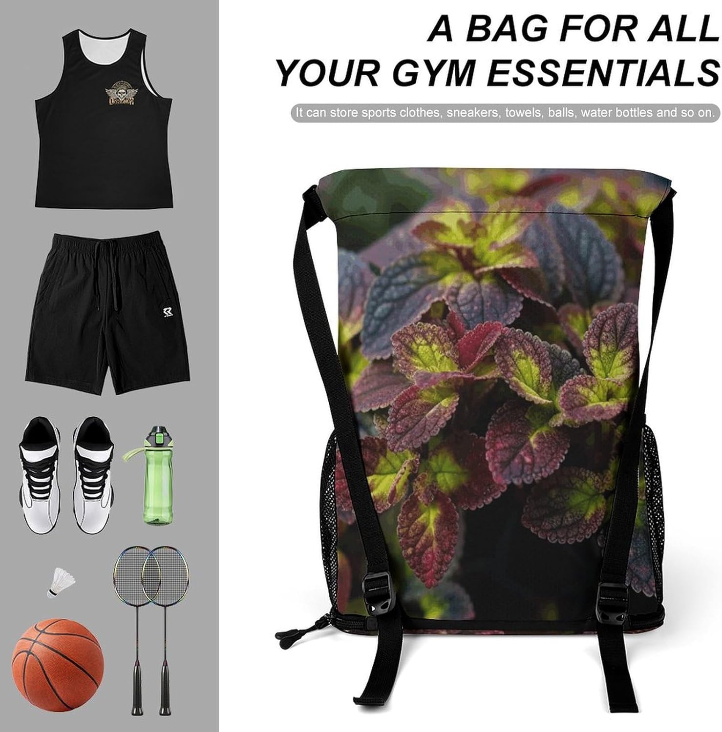 Sports Drawstring Backpack Plant with Dark Leaves Lightweight Backpack Dry And Wet Separation Large Capacity