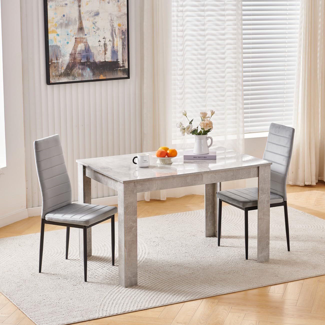 Homullel 120cm Glossing Dining Table and 2 Chairs, 2 Seater Kitchen Table and Chairs Set for Space Saving, Compact Dining Room Set for 2, 120x80 cm, Wooden, Beton Grey (2 Seaters, Flannel Grey)