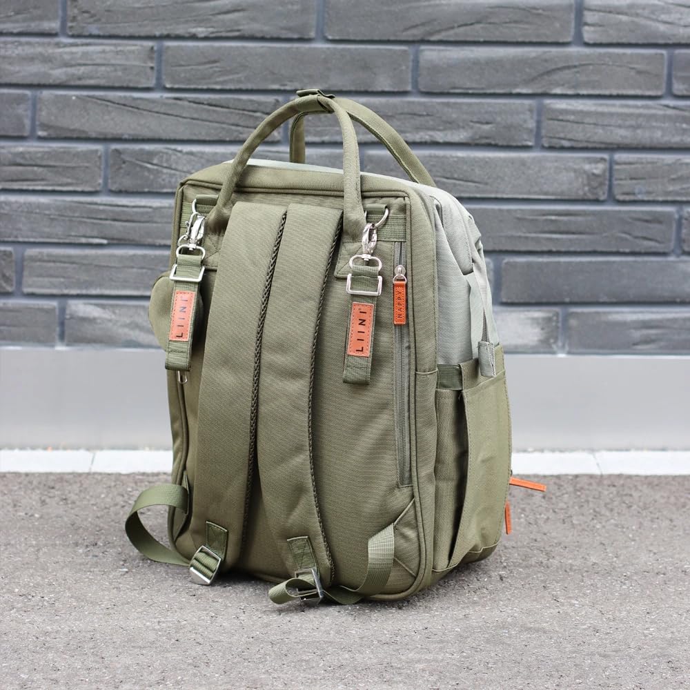 LIINI® Wickelrucksack Olive rPET – 29L Wickeltasche Rucksack aus recycelten PET-Flaschen, wasserfächer für nasse Kleidung, isolierte Flaschenfächer, inkl. Wickelunterlage & Kinderwagenhaken