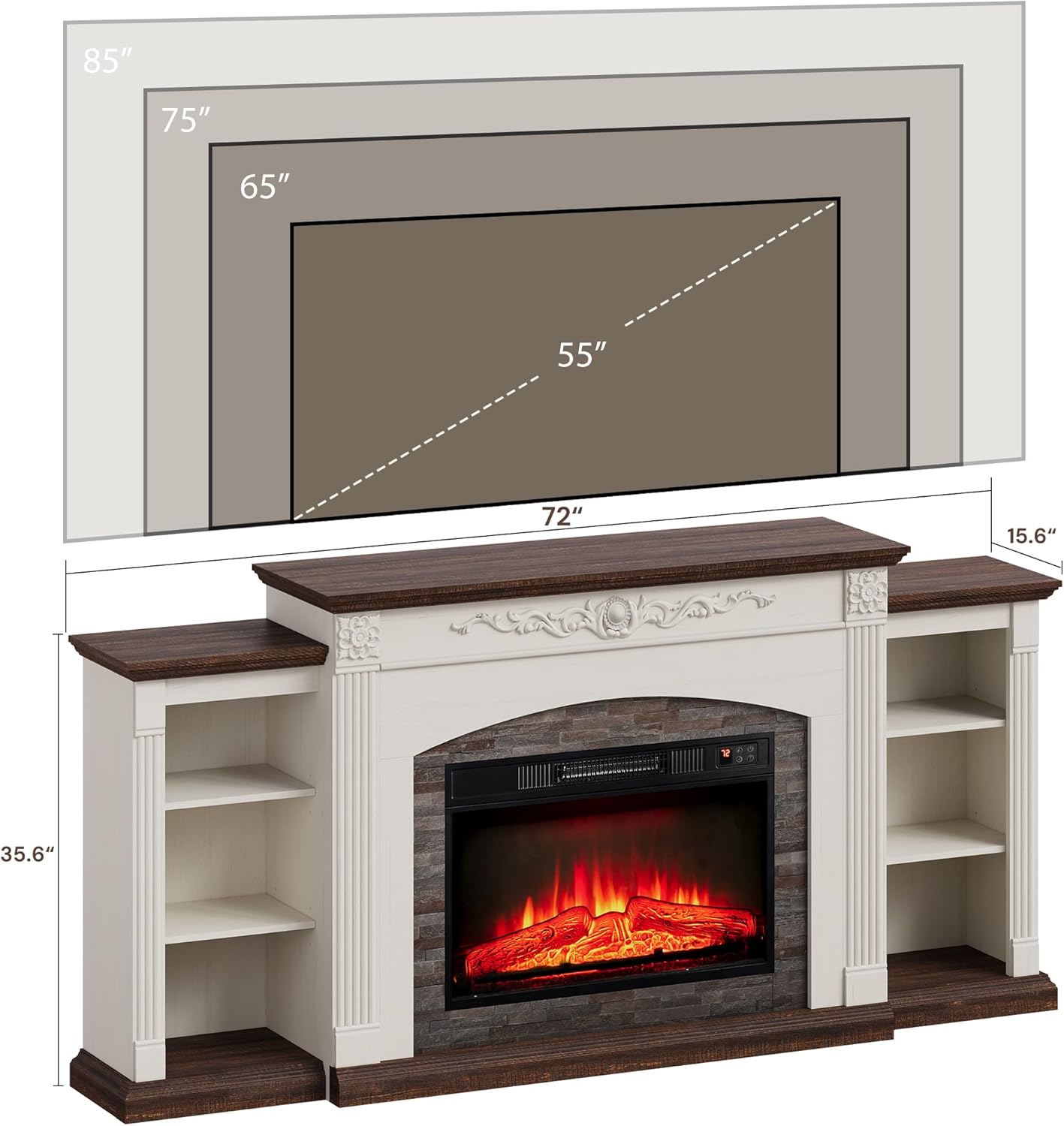 72" Electric Fireplace with Mantel, Fireplace TV Stand for TVs Up to 80",Modern Entertainment Center with Realistic Stacked Stone Surround,Wooden Carved Decorative Mantel, Ideal for Living Room