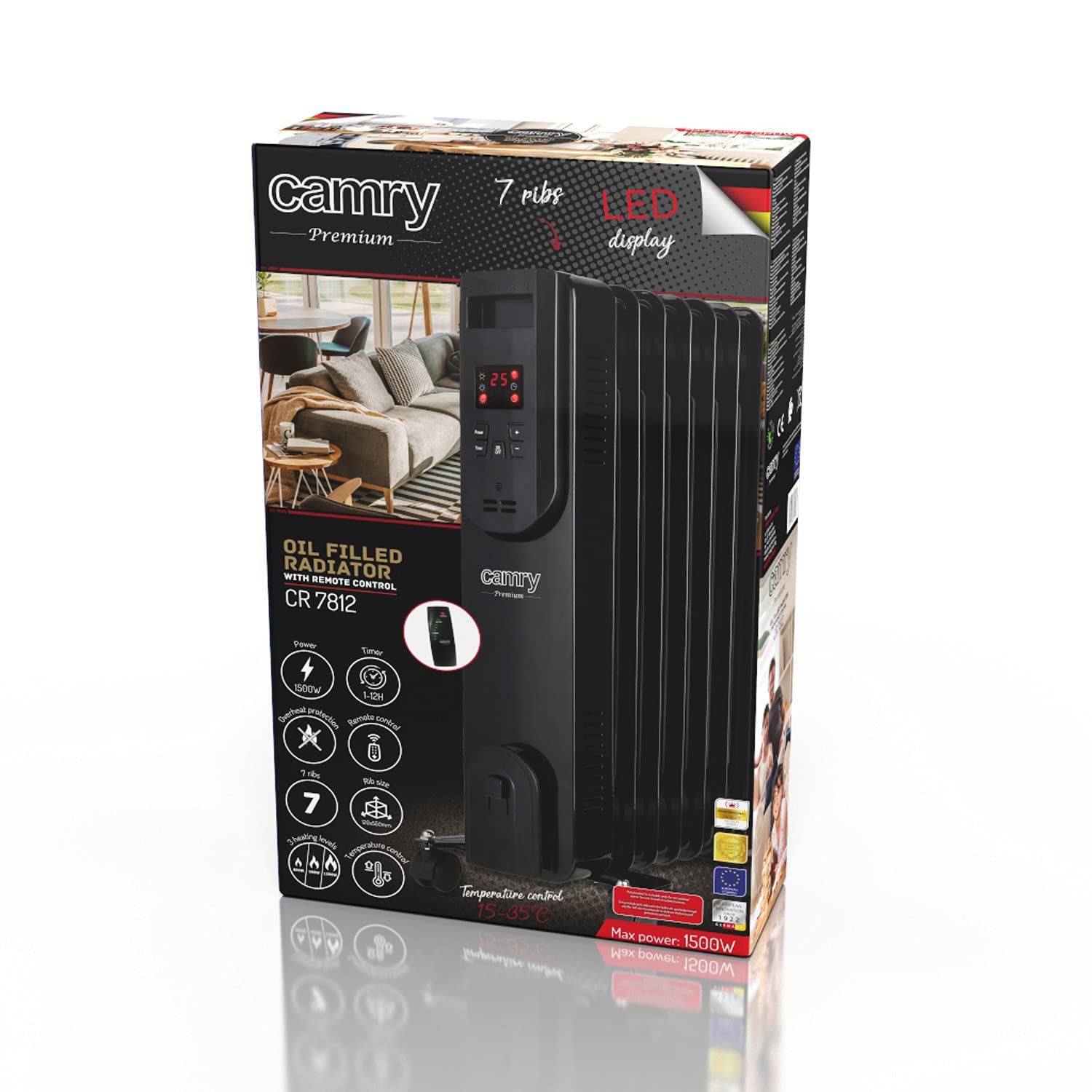Camry CR7812 Calentador de Aceite Eléctrico con Pantalla LED Control Remoto 7 Varillas 3 Niveles de Calentamiento 600W / 900W / 1500W