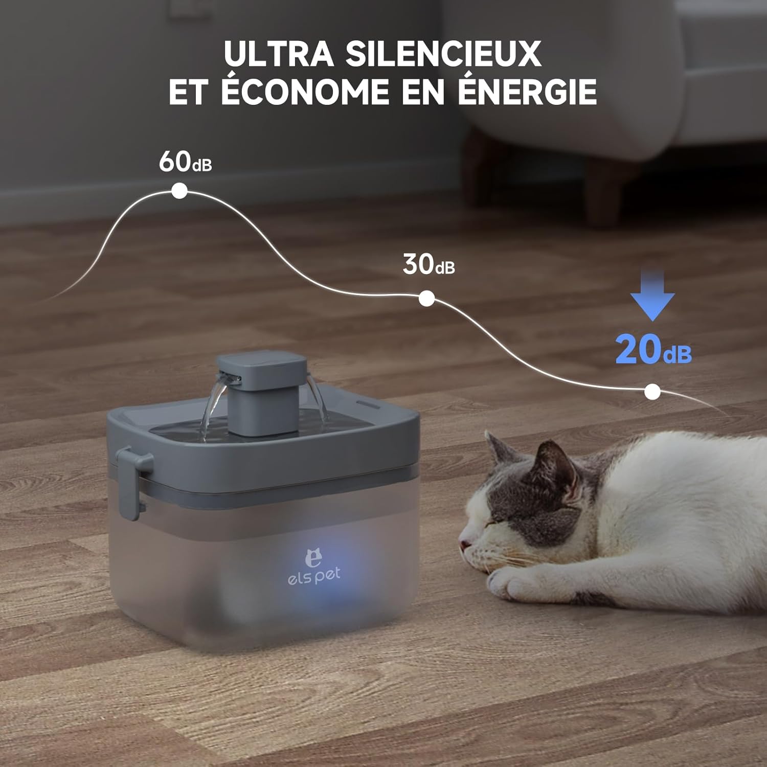 ELS PET Fontaine à Eau: Ultra-Silencieuse, 1.5L, Alerte Niveau Bas, pour Chats et Chiens - Image détaillée