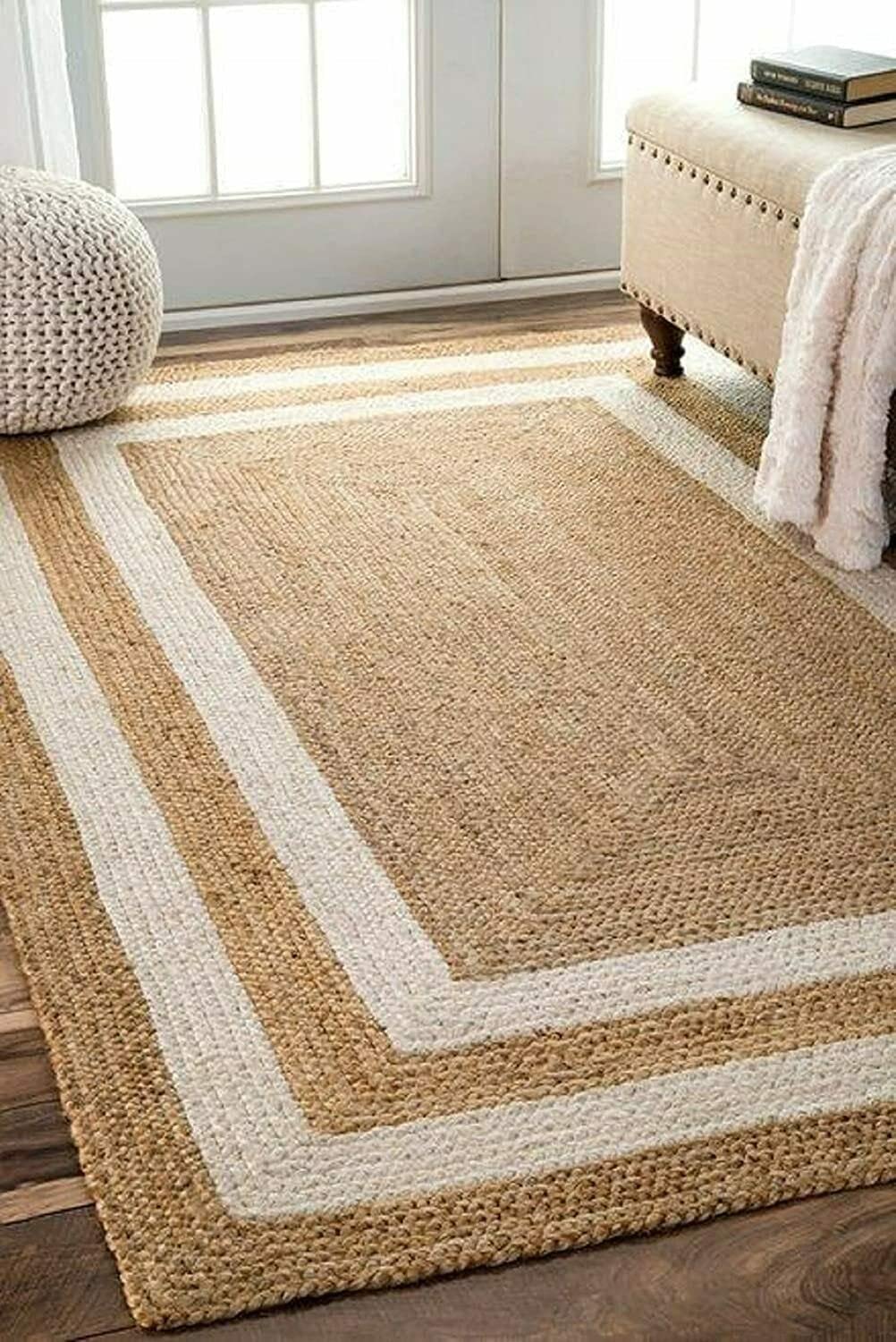 Agro Richer Jute Rug Handmade Farmhouse Braided Rug Beige & White Rectangle Rugs for Living, Kitchen, Garden Indoor & Outdoor Carpet (60 cm x 90 cm (2x3 ft))