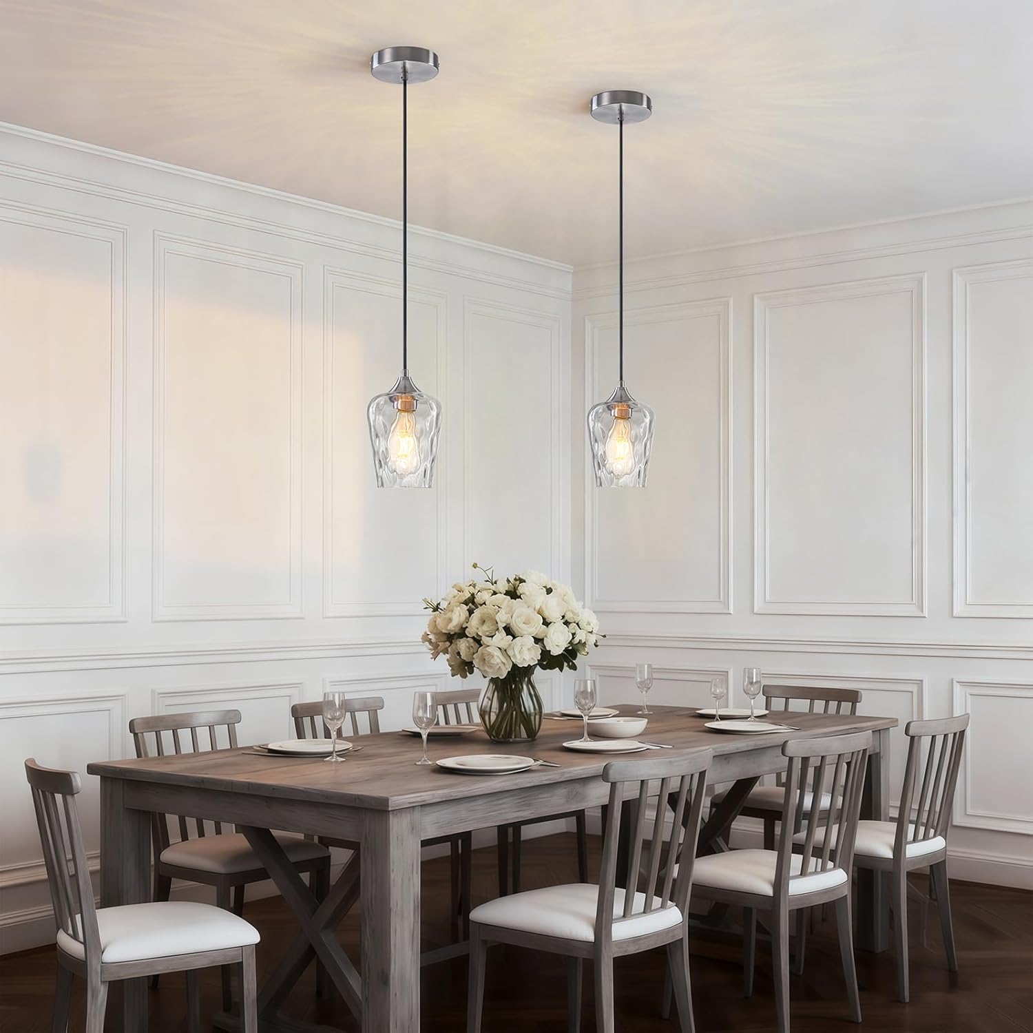 2 Pack Mini 5.1" Hammered Glass Pendant Light Fixtures, Small Modern Kitchen Pendant Lights with Hammered Glass Shades, Hanging Brushed Nickel Pendant Lights Kitchen Island Lighting for Sink