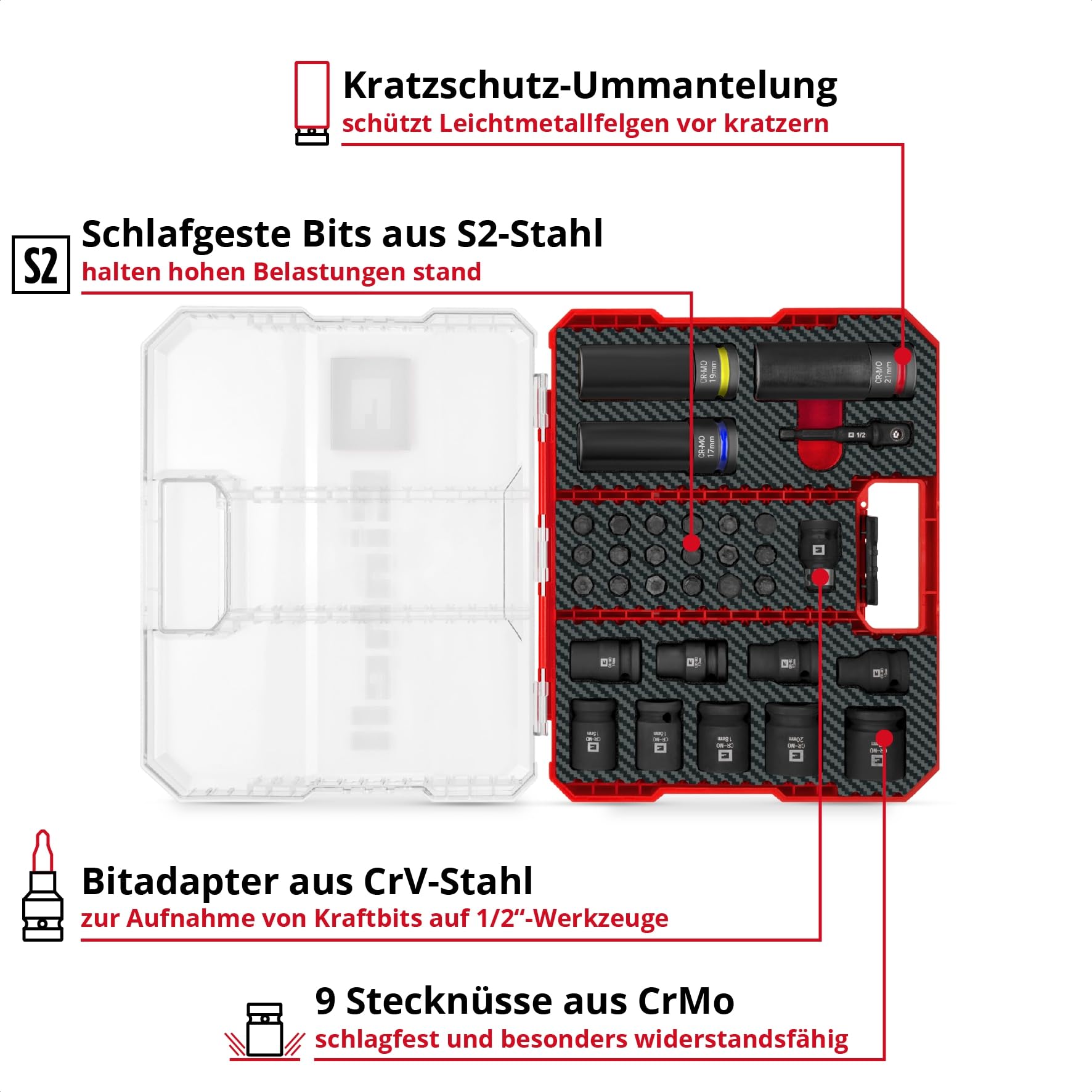 Oryginalny zestaw nasadek Einhell Impact 32-częściowy (18 x 30 mm Kraftbits, 9 x 40 mm, 3 x gniazdo 80 mm, stal S2 i CrMo, plastikowa tuleja, motoryzacja)