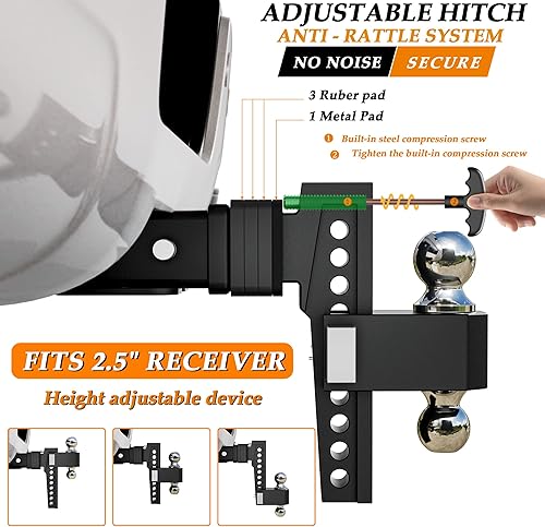 Miniatura 2 de VNN Enganche de Caída Ajustable - Enganche de Caída de 8 Pulgadas Receptor de 2.5 Pulgadas Negro Intercambiable 3 Monturas de Bola Sólidas de 1-78",