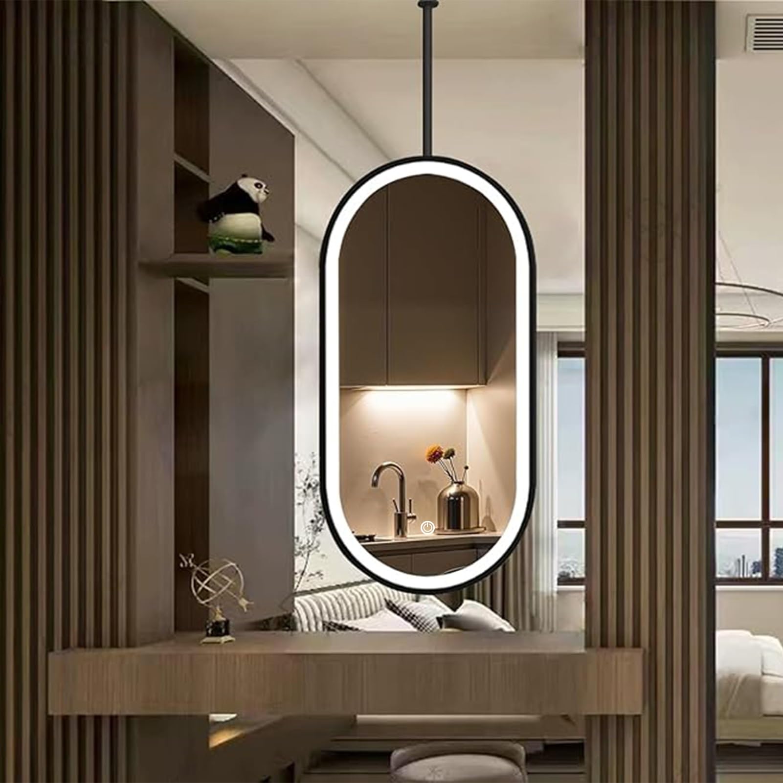 MESOVFCA LED Pendant Mirror Oval Ceiling Hanging Mirrors Black Metal Frame Vanity Make-up Floating Decor Mirrors - 3 Colors Dimmable Light(40cmx60cm)