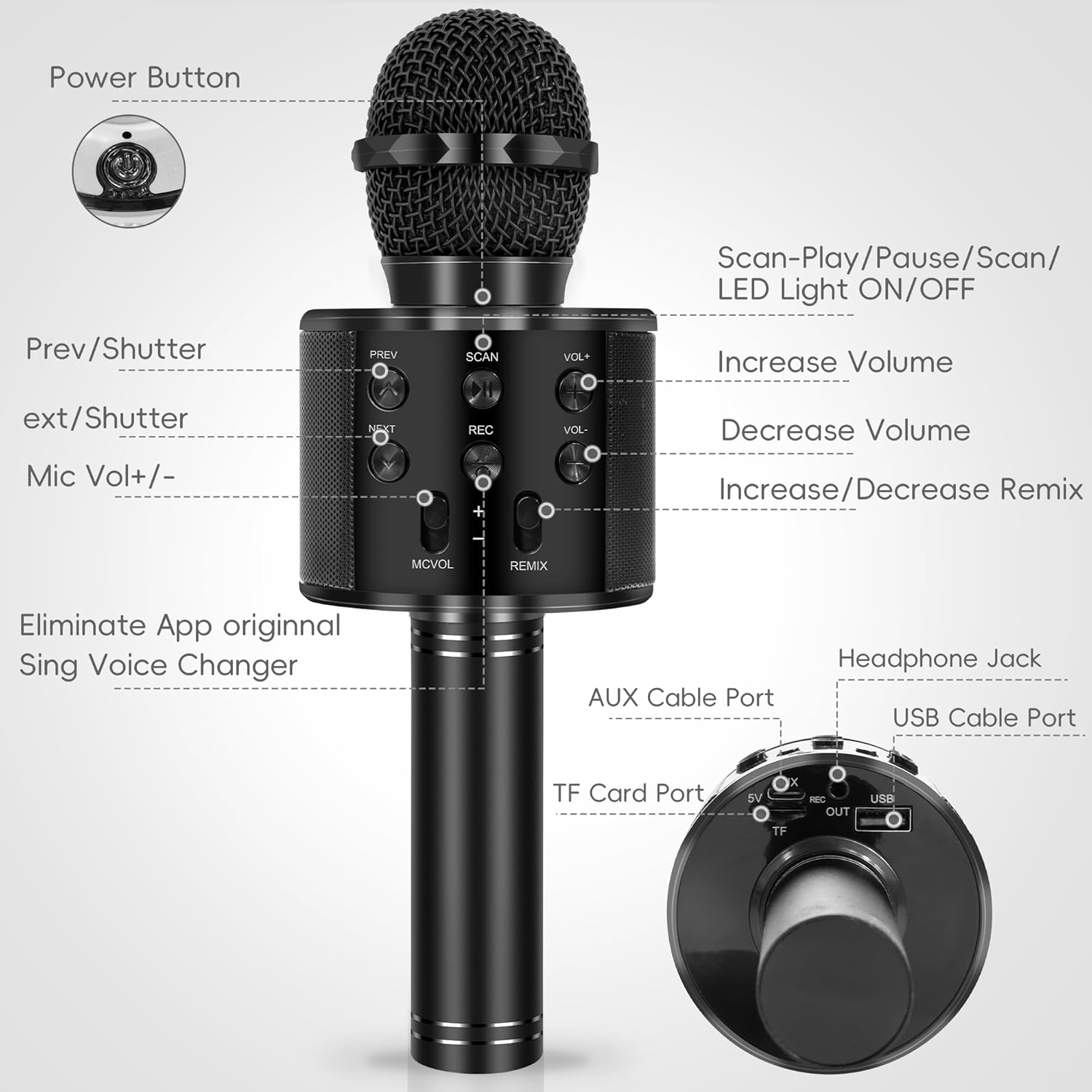KIDWILL Wireless Bluetooth Karaoke Microphone for Kids and Adults, 5-in-1 Portable Handheld Karaoke Mic Speaker Player Recorder with Adjustable Remix FM Radio for Girls Boys Teens Adults